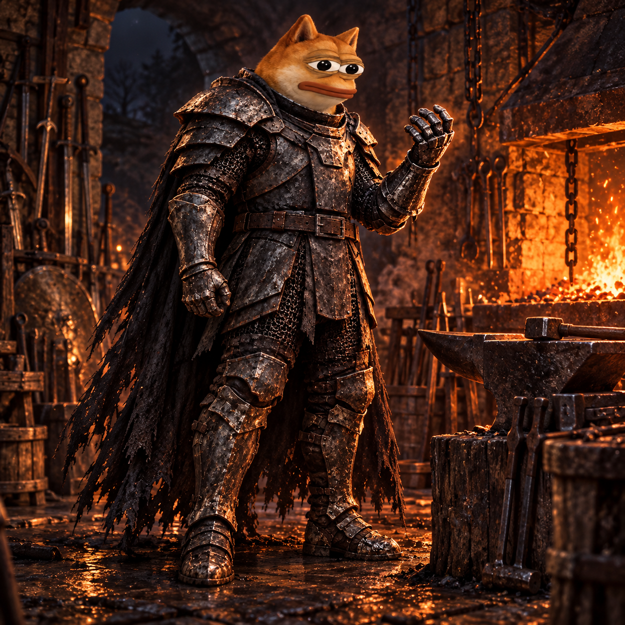 The White Dope repairs a gauntlet in a stone forge