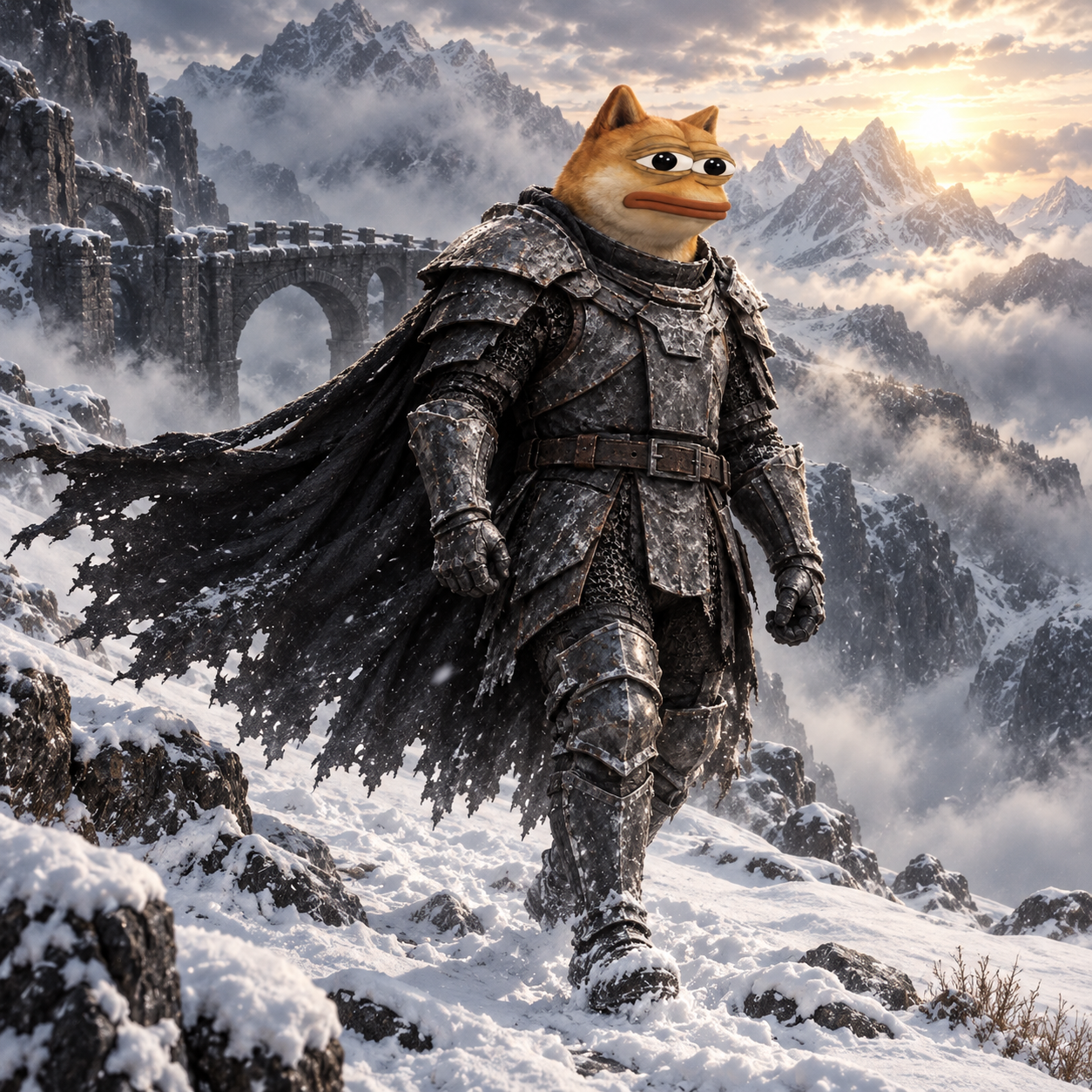The White Dope walks across a snowy mountain pass